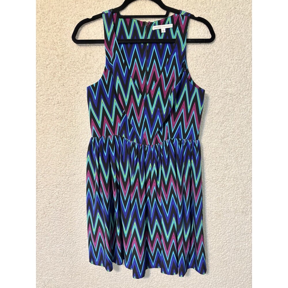 Amanda Uprichard Dress S Blue‎ Chevron Print Silk V Neck Fit And Flare Mini - Picture 4 of 6